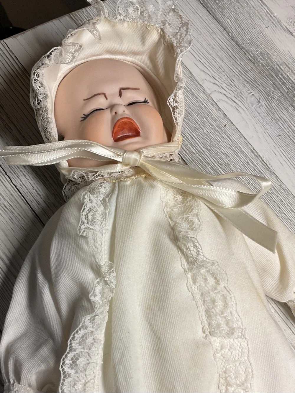Classic Ivory Lace Baby Doll Gown with Bonnet